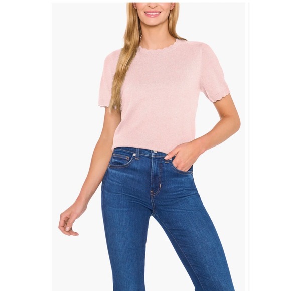CeCe Sweaters - Cece Womens Scallop Trim Short Sleeve Knit Sweater Top Pink Almond Blossom L